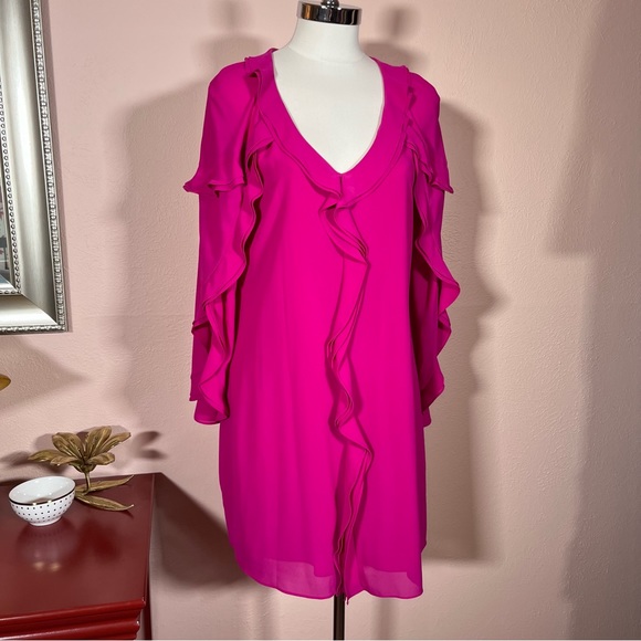 NEW Belle Badgley Mischka Magenta Long Sleeve Ruffle front Mini cocktail Dress - Picture 3 of 17